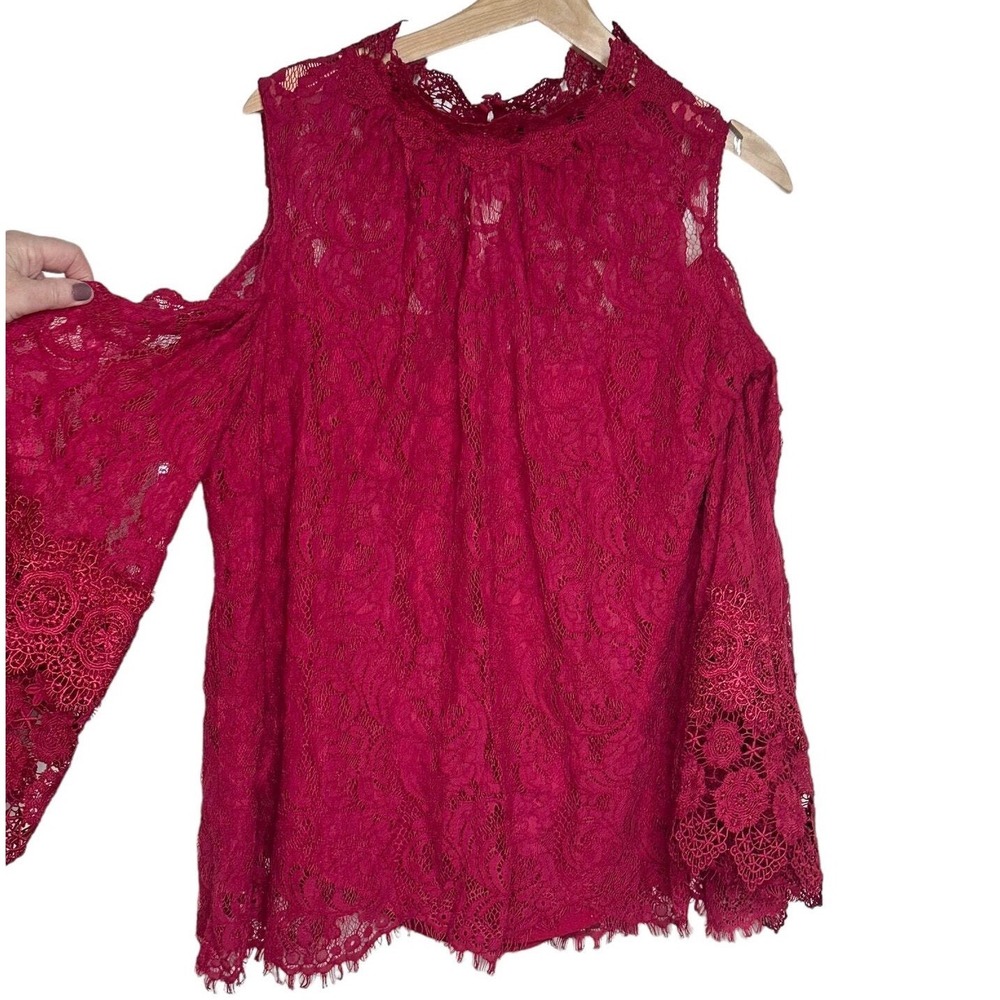 Roaman's Lace Top 18W Burgundy Cold Shoulder Bell Sleeve High Neck Floral Blouse